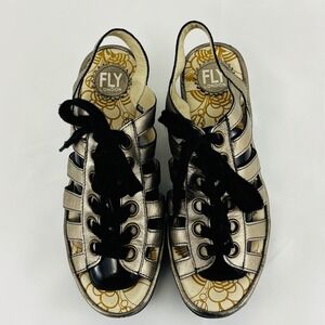 Fly London Yito Gold Pewter Leather Gladiator Platform Wedge Sandal Size 9-9.5